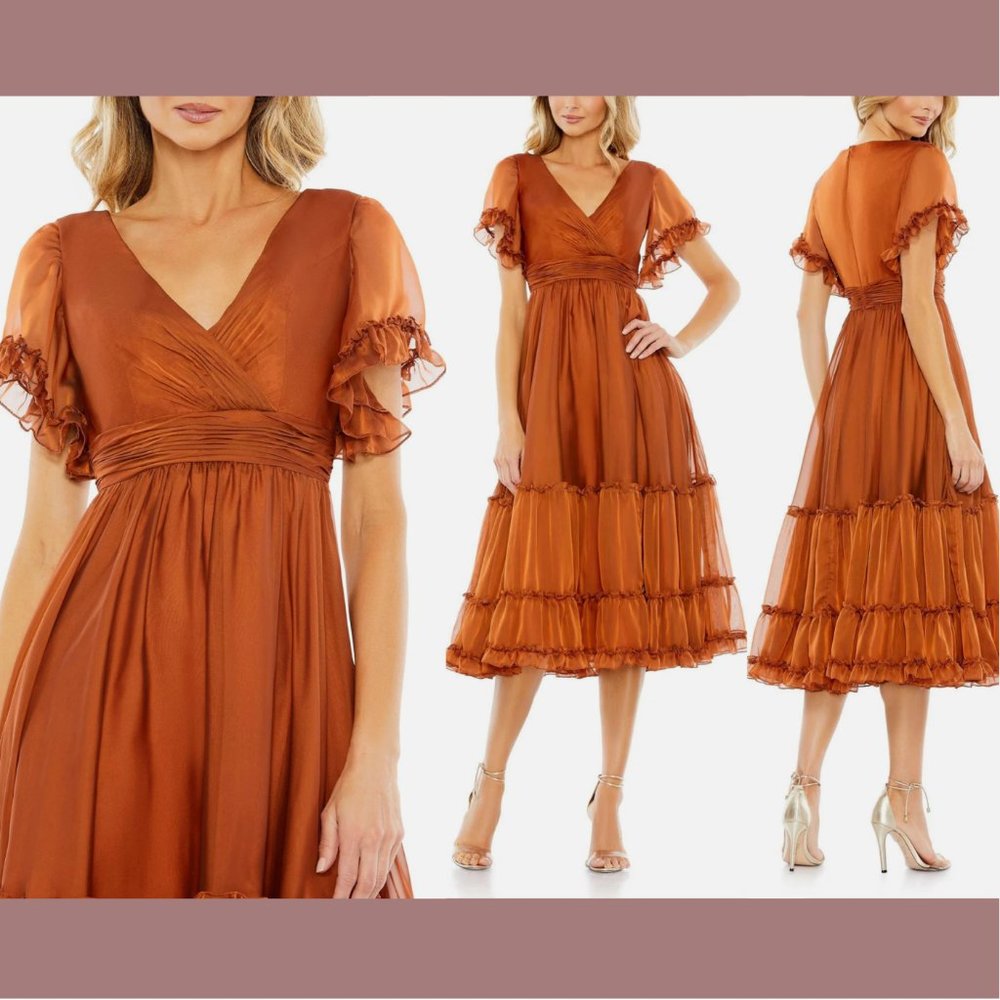 NWT Mac Duggal [ 12 ] Sheer Flutter Sleeve Tea Length Ruffle Dress‎ Rust Orange